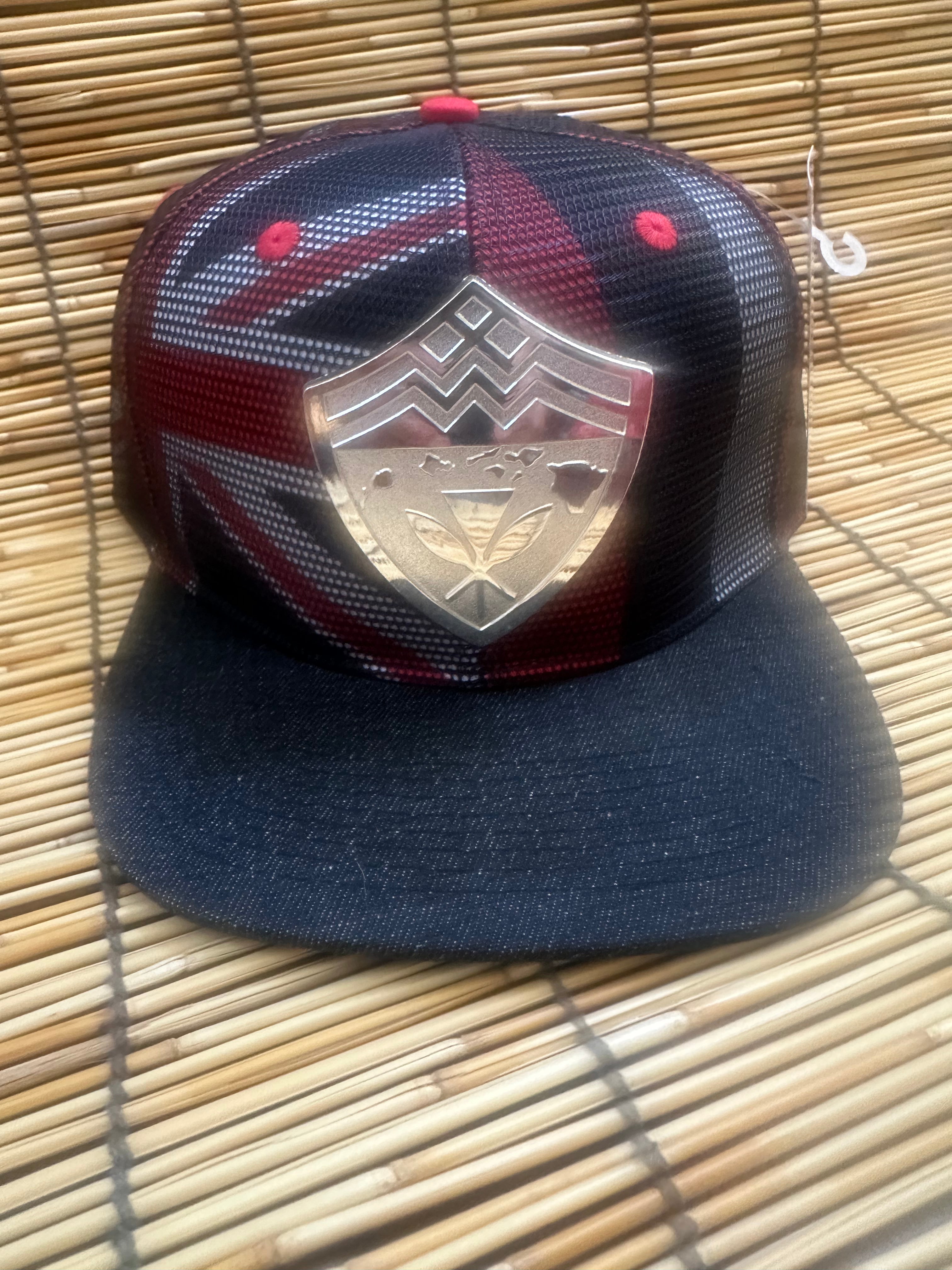 Hawaiian Hawaii Steel Emblem Flag Mesh Denim Brim SnapBack