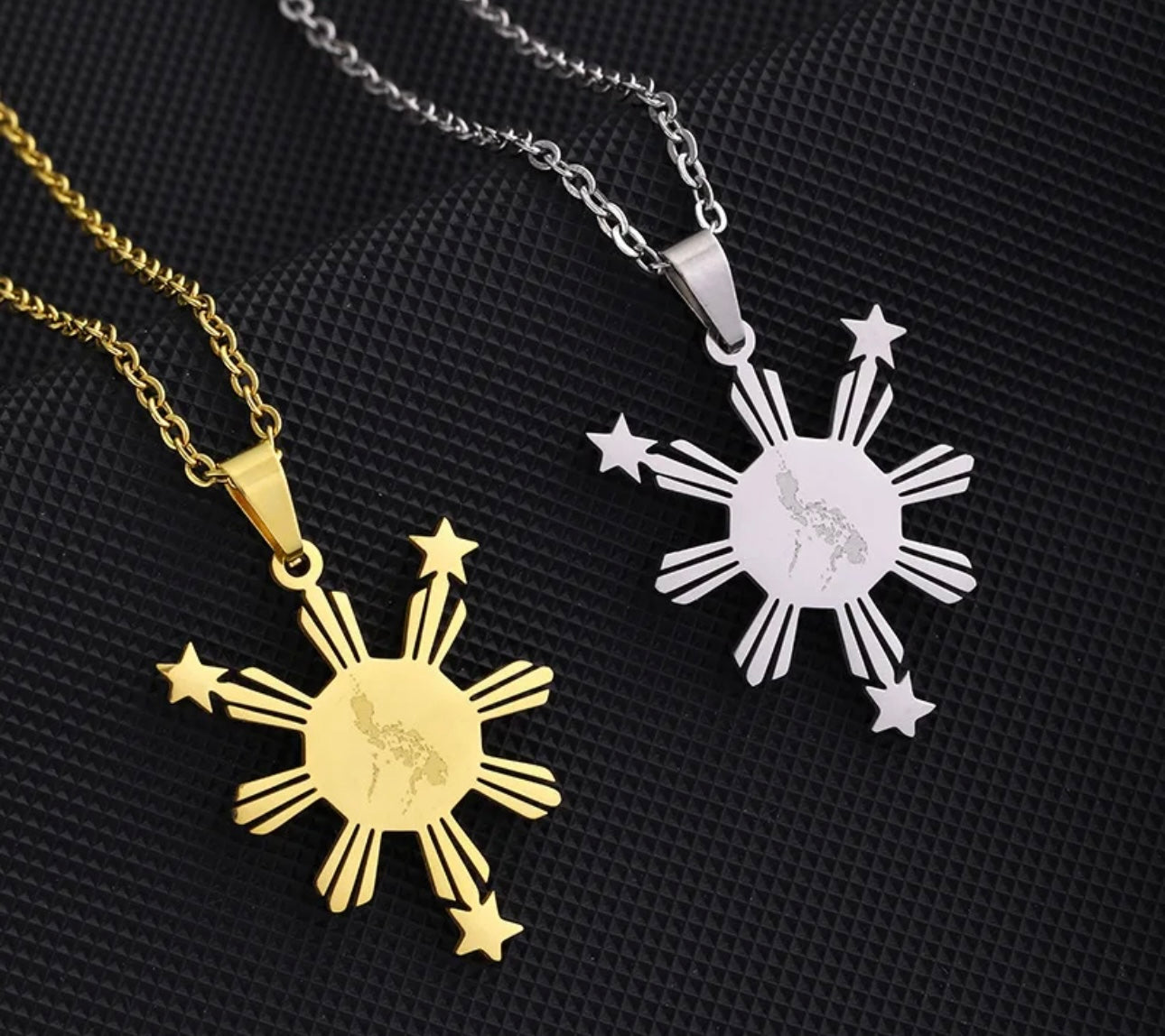 Philippines Filipino 3 Stars and Sun Pendant Necklace