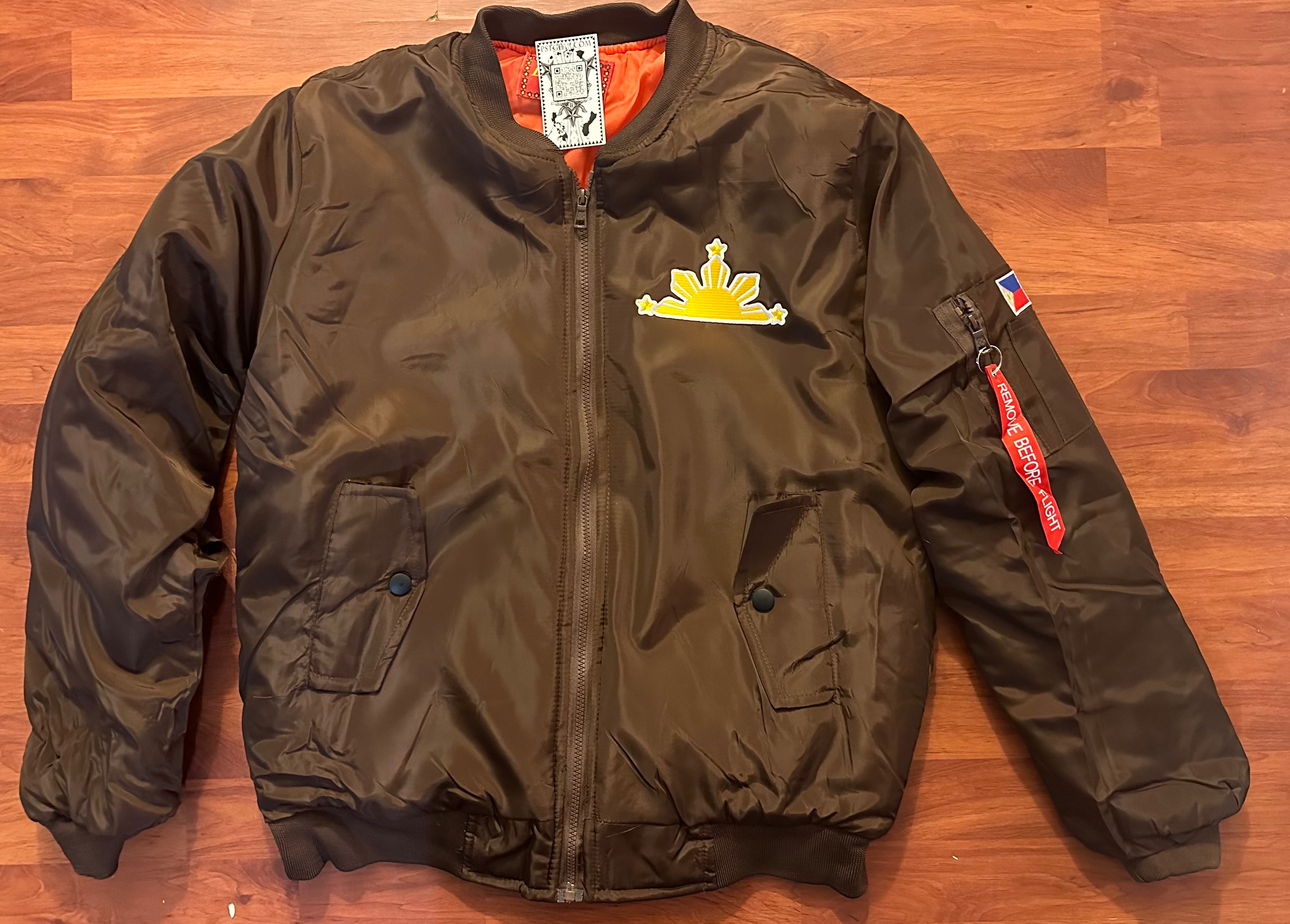 Philippines 3 Stars and Sun Brown Patch Bomber Mens Jacket